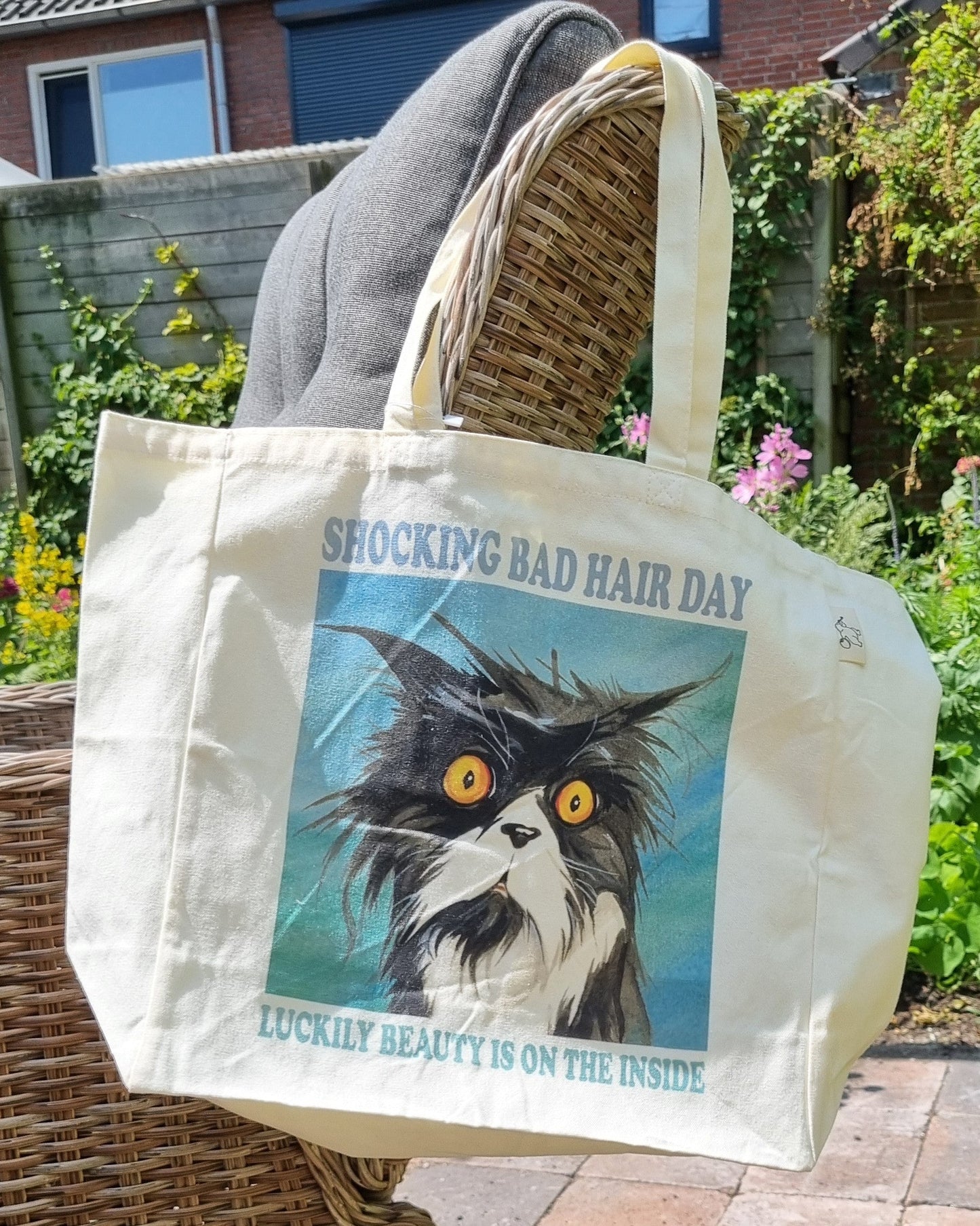 Katoenen winkelshopper met bedrukking - Shocking Bad Hairday Cat