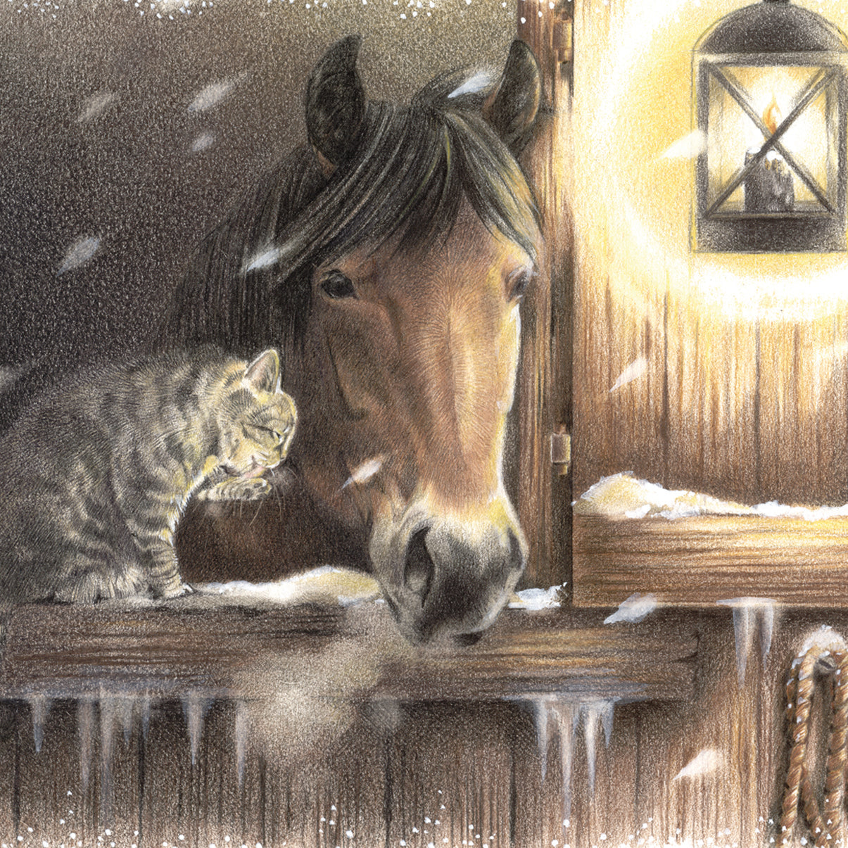 Quadratische Karte - Winterszene; Pferd im Stall, Gesellschaft von Katze