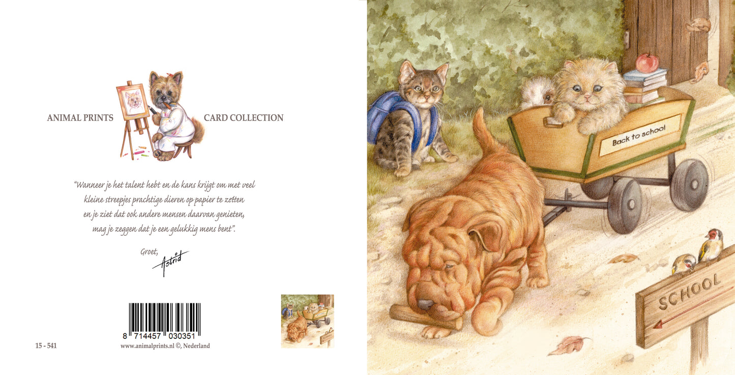 Vierkante kaart - Uiteindelijk worden we er allemaal wijzer van. Back to School. (hond, kat, konijn, Sharpei)