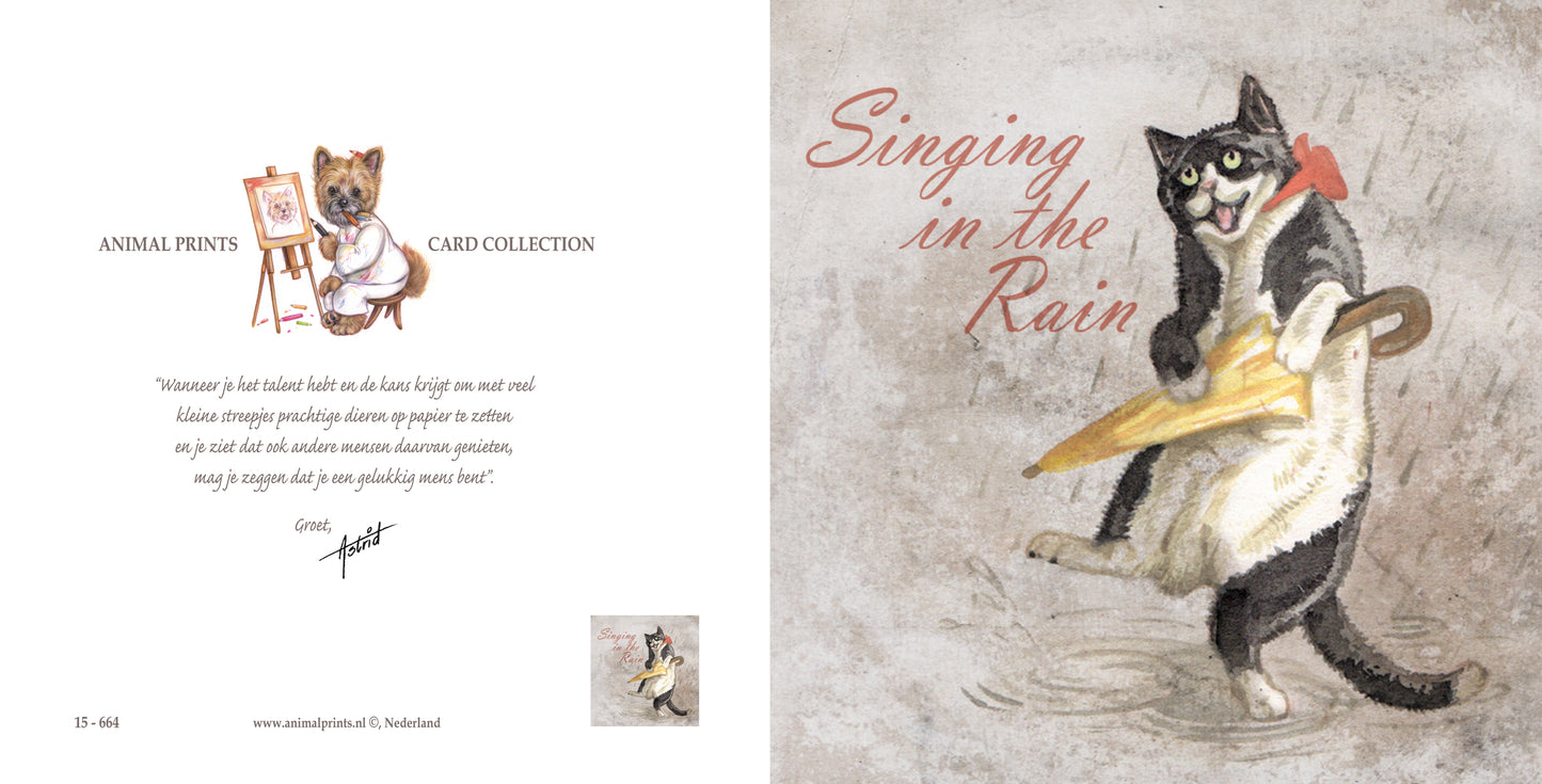 Vierkante kaart - Singing in the Rain (katten print)