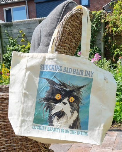 Katoenen winkelshopper met bedrukking - Shocking Bad Hairday Cat