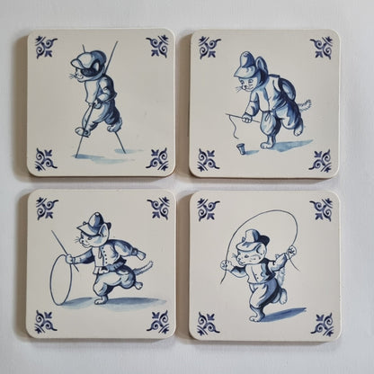 Set van 4 onderzetters - Delfsblauwe kattenserie