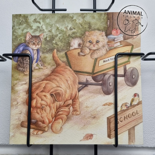 Vierkante kaart - Uiteindelijk worden we er allemaal wijzer van. Back to School. (hond, kat, konijn, Sharpei)