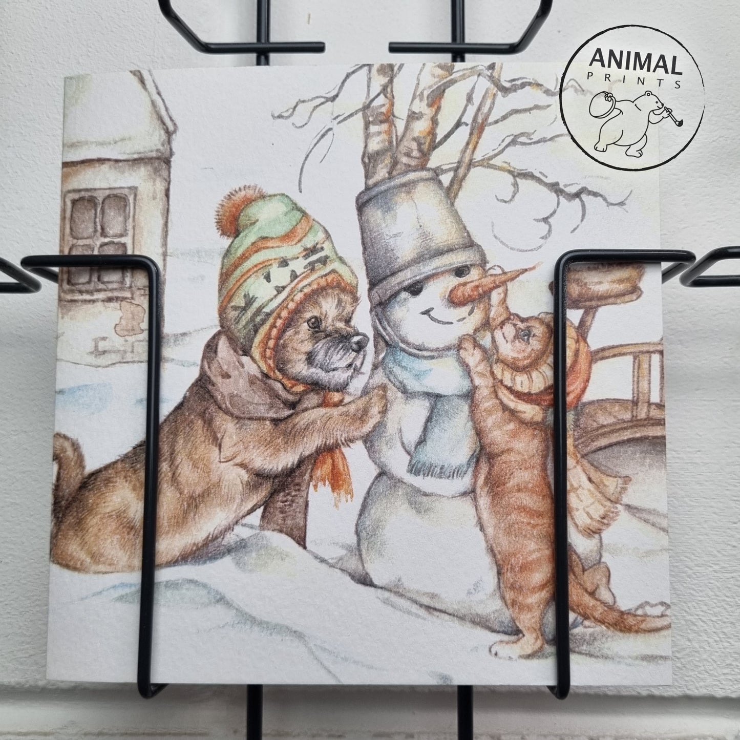 Quadratische Karte - Winterdruck - Schneemann bauen