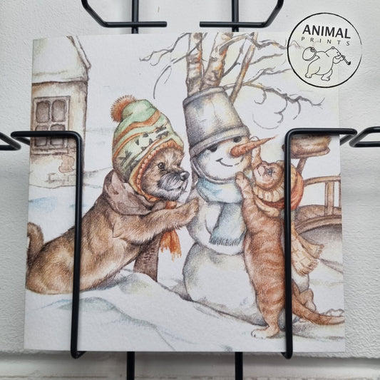 Quadratische Karte - Winterdruck - Schneemann bauen