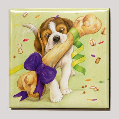 Koelkastmagneet - Hond (Beagle) met bot - Happy Birthday