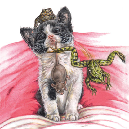 Koelkastmagneet - Kitten met kikkers en muis