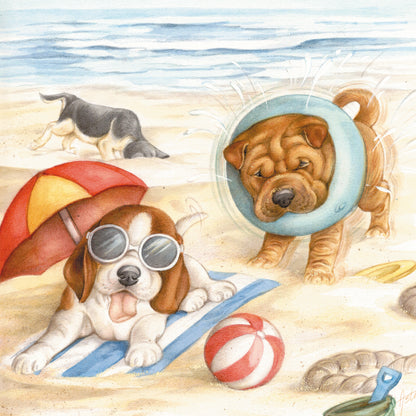 Vierkante kaart - Ook wij liggen en spelen graag op het strand!! (hond, Beagle, Sharpei)