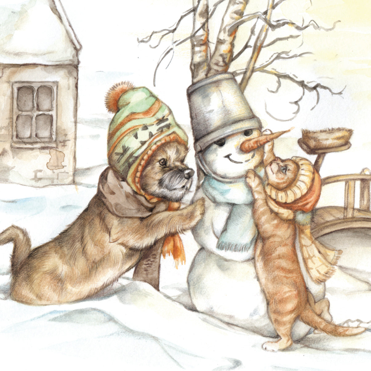 Quadratische Karte - Winterdruck - Schneemann bauen