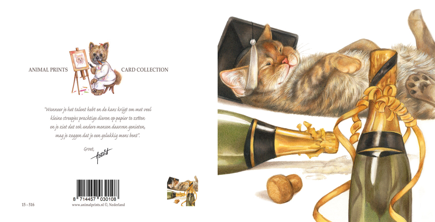 Vierkante kaart - Happy End, geslaagd, wie had dat ooit gedacht (katten print)
