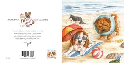 Vierkante kaart - Ook wij liggen en spelen graag op het strand!! (hond, Beagle, Sharpei)